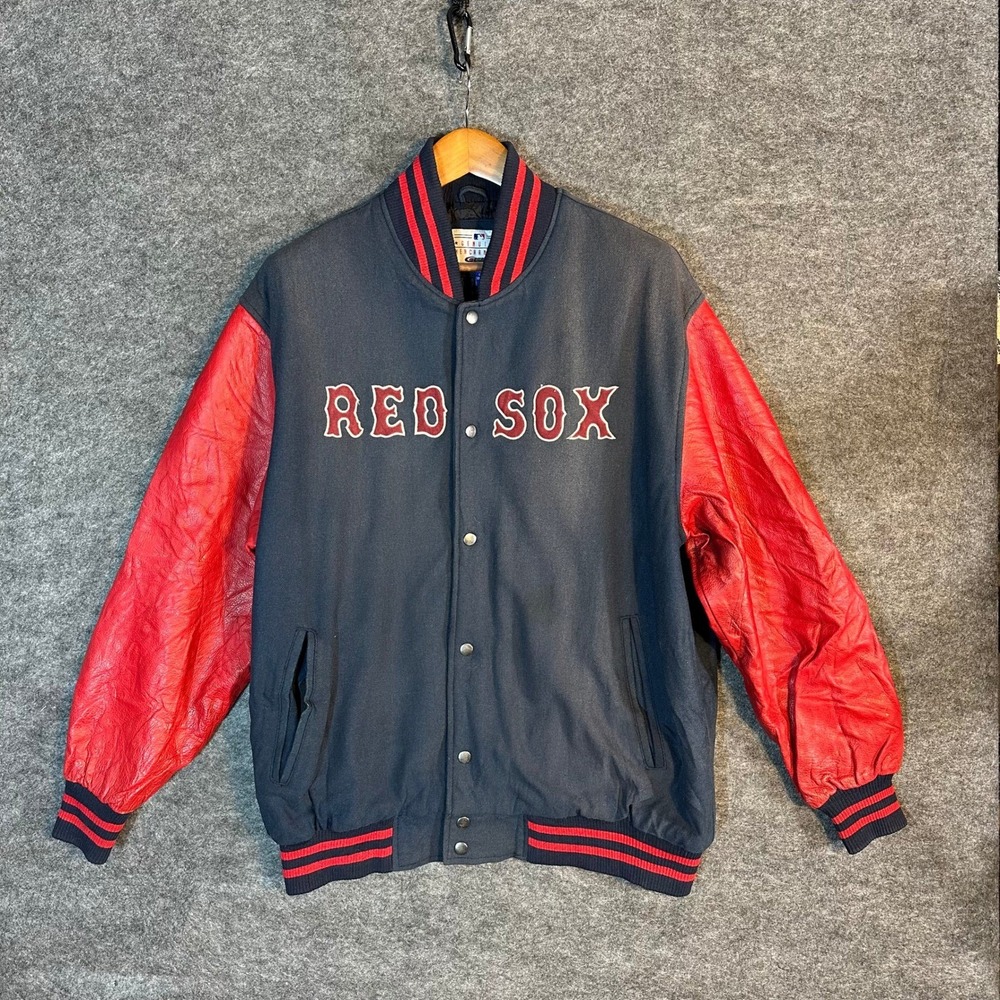 RARE Starter Boston Red Sox Varsity Jacket Men's Large‎ GENUINE Leather Sleeves
